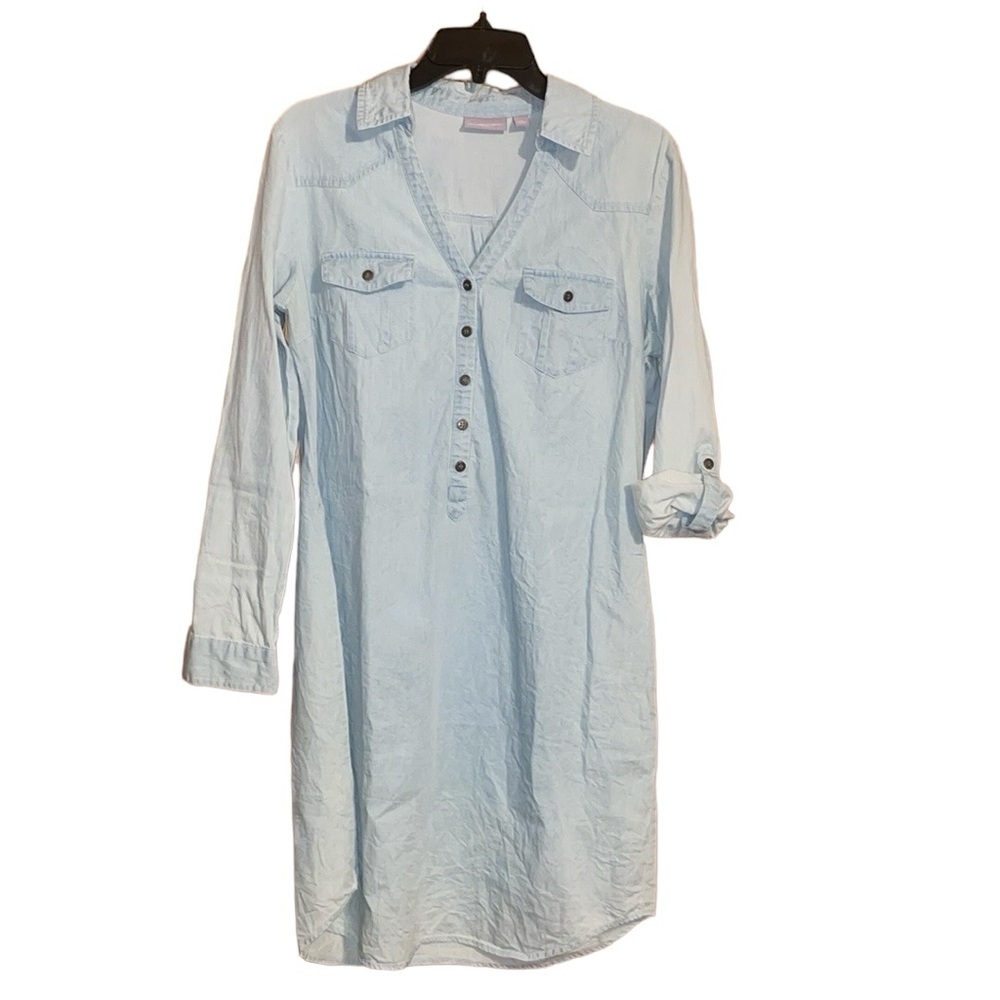 •NEW YORK & COMPANY•CHAMBRAY V NECK 1/2 BUTTON CONVERTIBLE SLEEVE DRESS MEDIUM